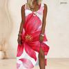 Women Plus Size Scoop Neck Sleeveless Tropical Leaf Printed Green A Line Long Dress