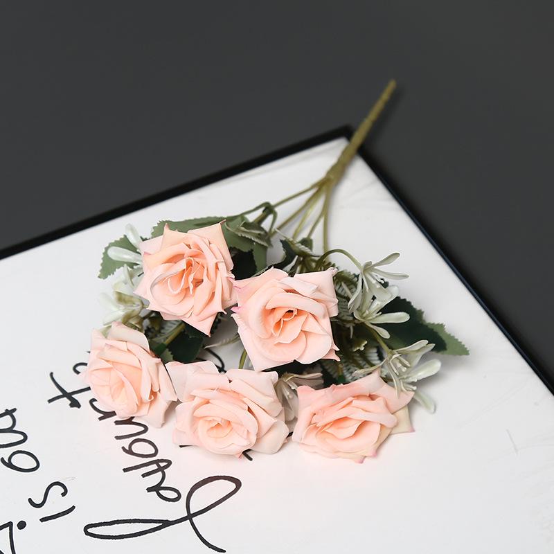 5-Head Artificial Silk Rose Arrangement for Home Decoration