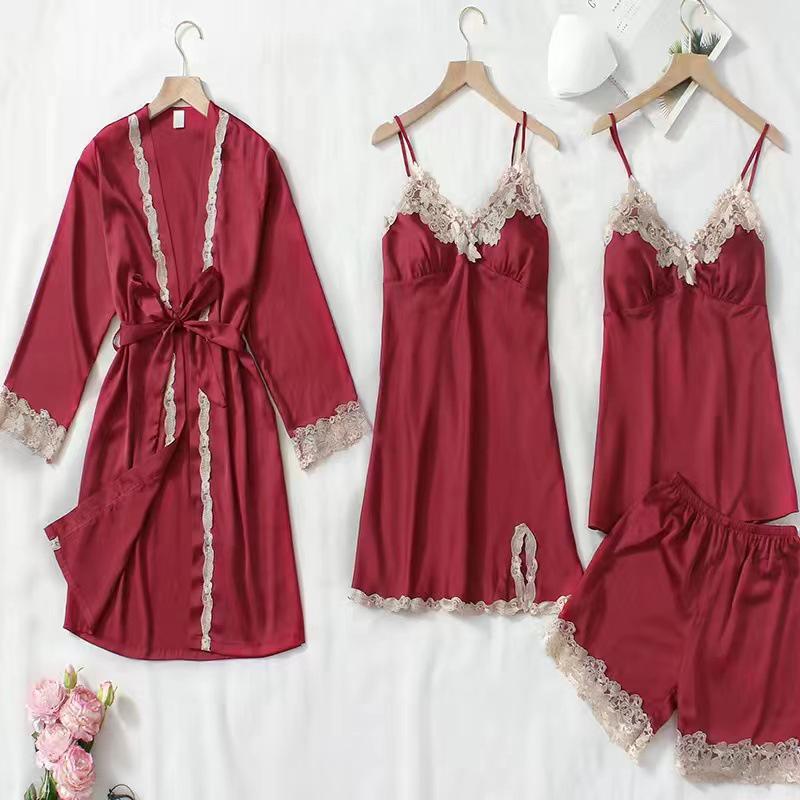 Women's Summer Silk Pajama Set: 5-Piece Long Sleeve, Lace Trim Camisole, Shorts & Pants