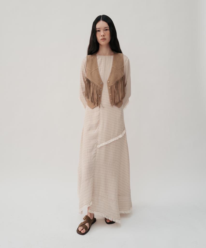 Bopeu Beina Fringe Maxi Dress (Beige Stripe)