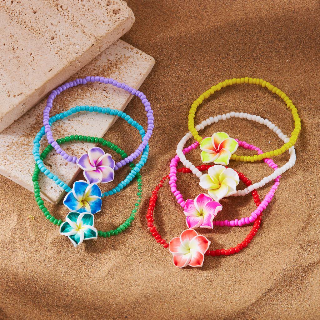 Bohemian Handmade Rice Beads Polymer Clay Flower Anklet for Women Summer Beach Bright Color Egg Flowers Ankle Bracelet Jewelry