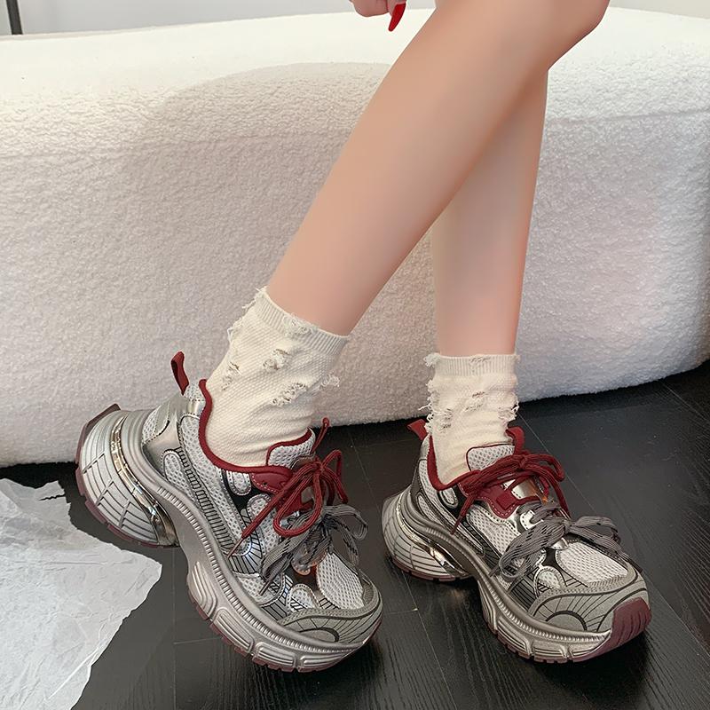 Fashion Women Sneakers Leather Mesh High Heels for Women Casual Lace Up Shoes Fashion Platform Shoes Trend 2025 Zapatos De Mujer