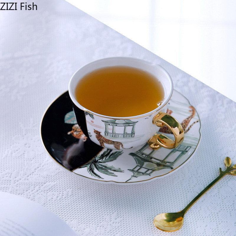 Watercolor Tiger and Leopard Ceramic Cups Gold-plated Coffee Cup Painted Mugs Afternoon Tea Teacup Milk Fruit Juice Container