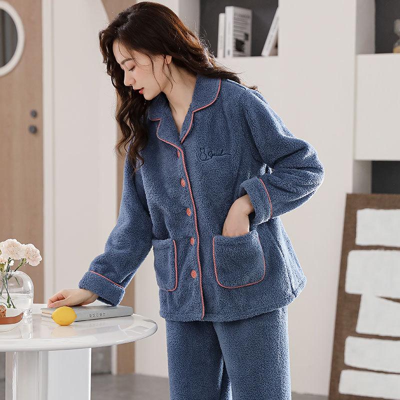 Pajamas Women'S Winter Coral Fleece Thickened Fleece Simple Autumn And Winter Homewear Large Size Flannel Warm Set