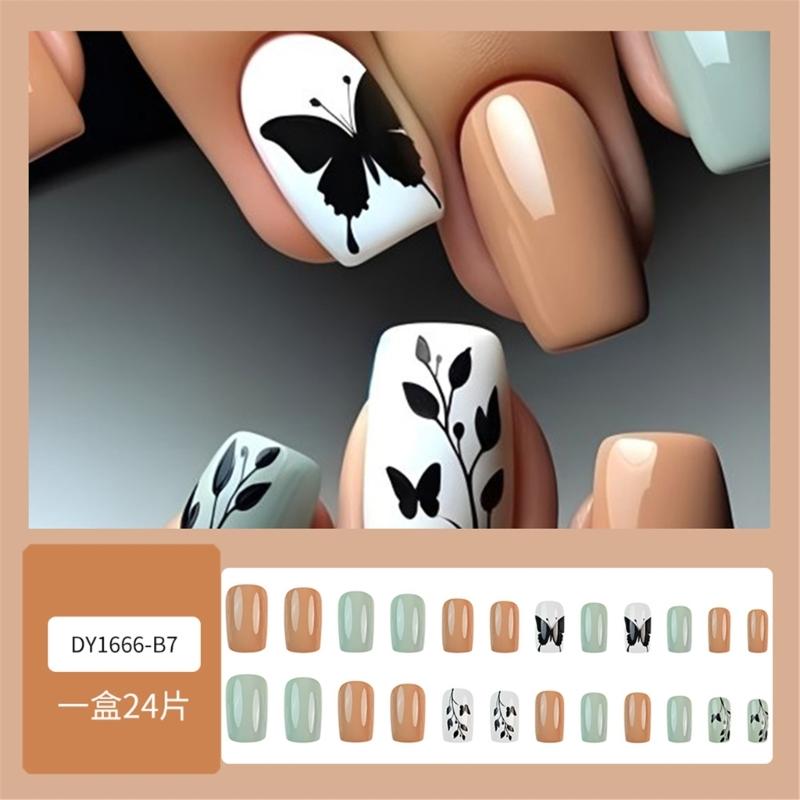 Square Press on Nail French Tip Fake Nail Glues on Nail Leaves Artificial Nail