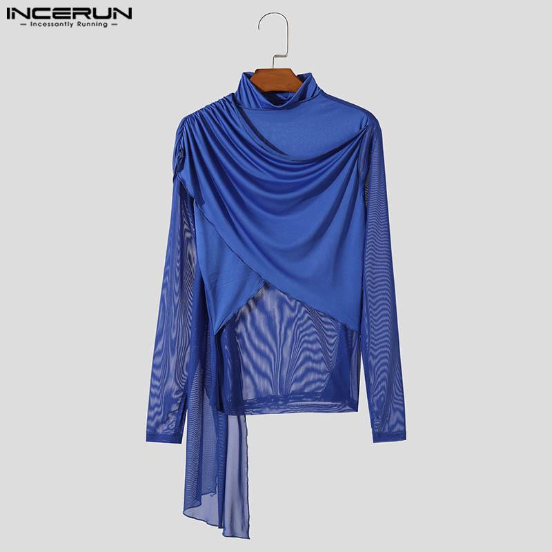 INCERUN Men Ruffled High Neck Patchwork Front Cross Fitted Tops Mesh Sheer Irregular T-shirts