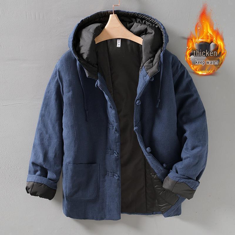 Men's Winter Fleece-Lined Ramie Cotton Coat with Chinese Frog Buttons