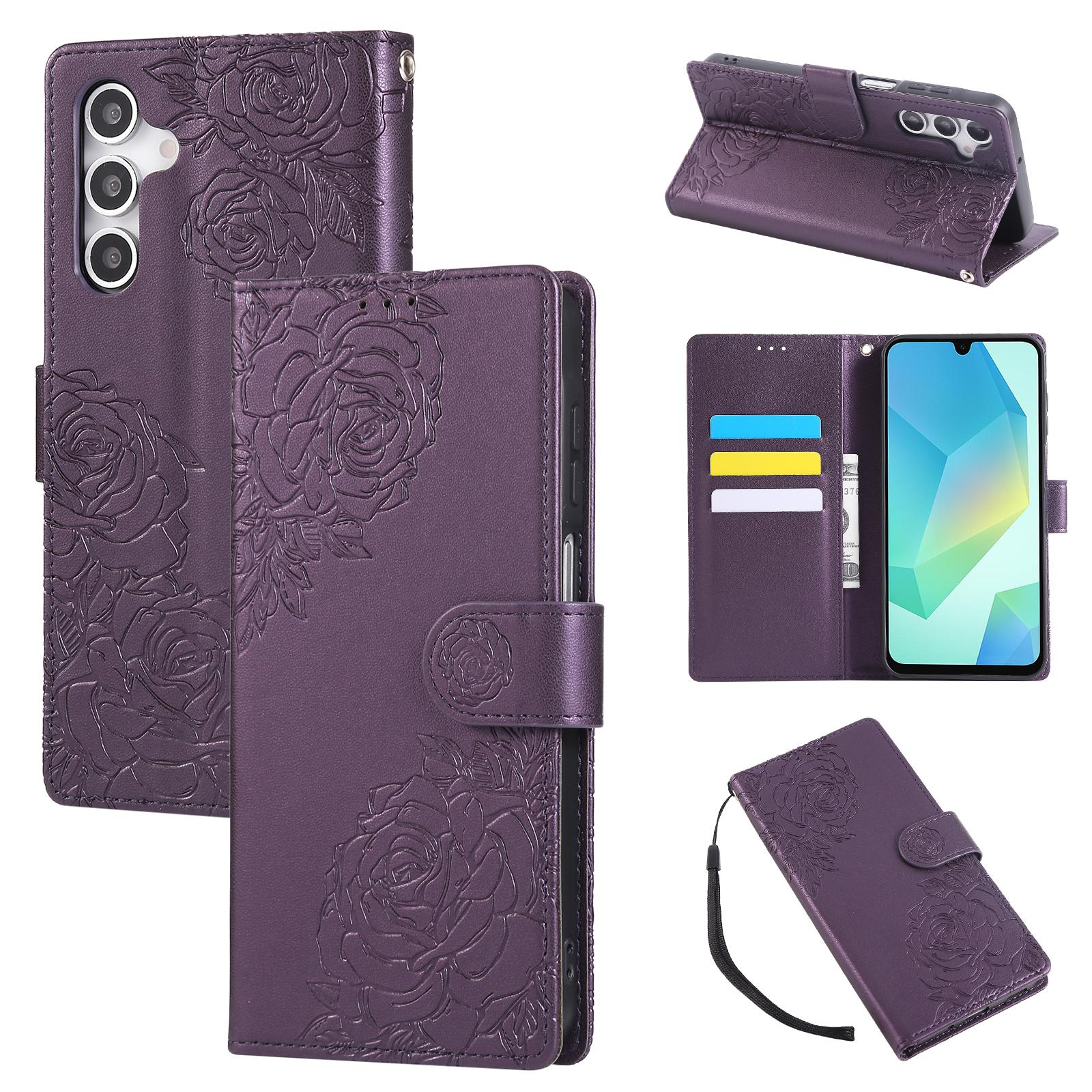 

For Samsung Galaxy S25 FE Case Rose Flower PU Leather Wallet Phone Cover with 3 Card Slots/Wrist Strap Dark Purple