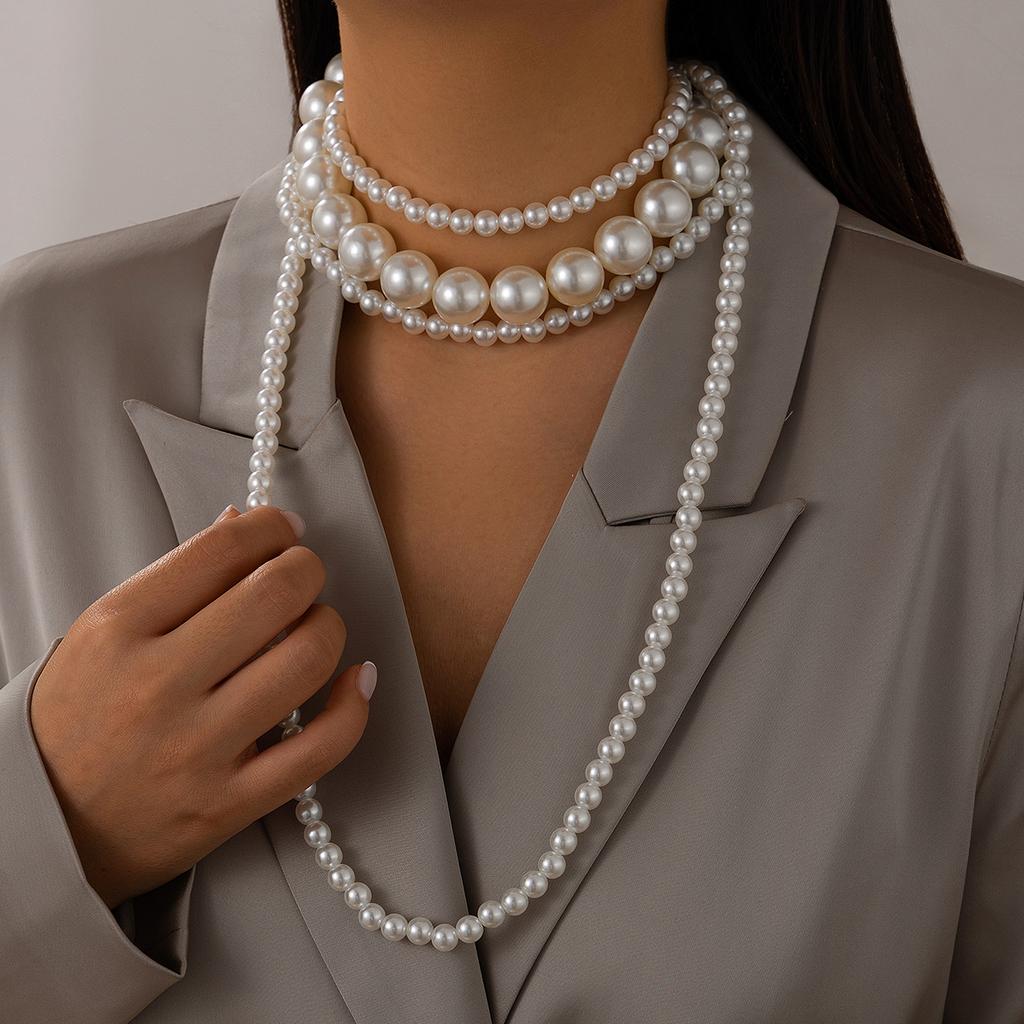 Ingemark 2Pcs/Set Multilayer Imitation Pearl Chain Necklace for Women Wed Bridal Vintage Adjustable Long Link Party Jewelry Gift