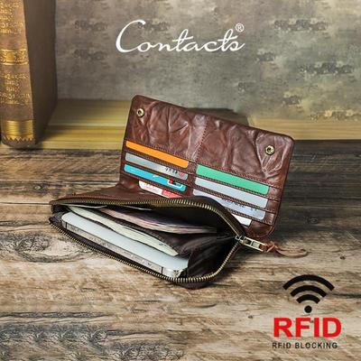 CONTACT'S Leather Wallet Men Retro Casual Natural Card Holder Coin Purse Male Travel Business Gift Long Wallet