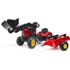 Red Supercharger Pedal Tractor with Articulated Front Loader and Trailer -