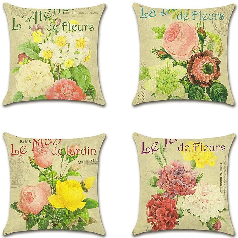 Retro Plant Floral Print Linen Pillow Case Home Living Room Sofa Car Cushion Pillow