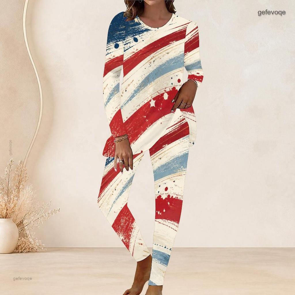 Women Plus Size Navy Blue Fireworks Printed Round Neck Long Sleeve Longline Top Fitted Pants Two Piece Set