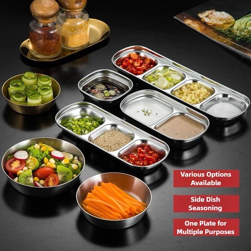 Outdoor Camping Stainless Steel Sauce Plate, Divided Sauce Dip Bowl,1/2/3 Ketchup Sauce Bowl, Picnic Barbecue Sauce Tray
