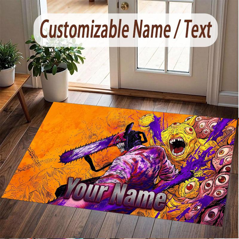 Custom Name Crystal Velvet Rug,Chainsaw Man Comfortable Anti Slip Floor Mat For Room Decoration
