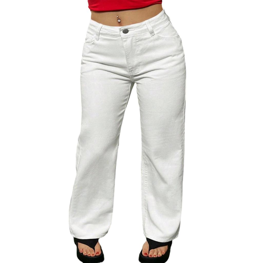 Damjeans med mellanhög stretch, trendiga raka denimbyxor med fickor