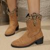 European and American Foreign Trade Thick Heel Medium Tube Color Matching Knight Boots Women's New Pointed Buckle Leopard Print Thin Cigarette Boots