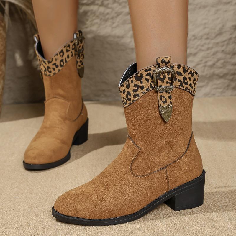 European and American Foreign Trade Thick Heel Medium Tube Color Matching Knight Boots Women's New Pointed Buckle Leopard Print Thin Cigarette Boots