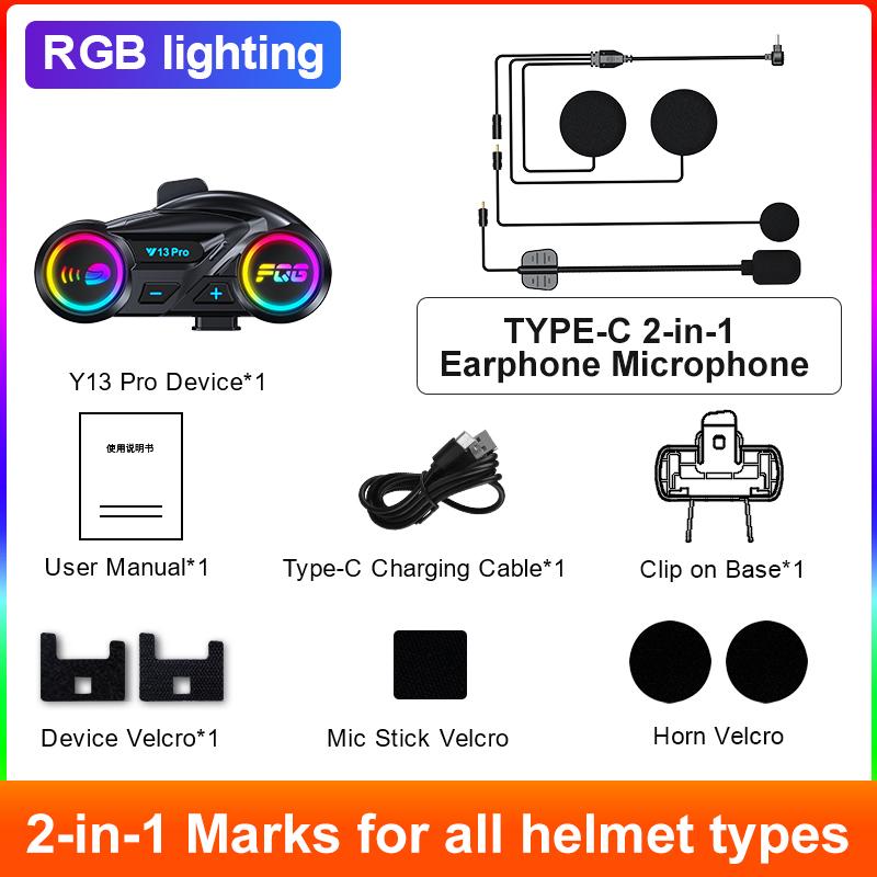 

Bluetooth-гарнитура Y13 Pro Мотоциклетная шлемная интерком-система RGB-подсветка Водонепроницаемая