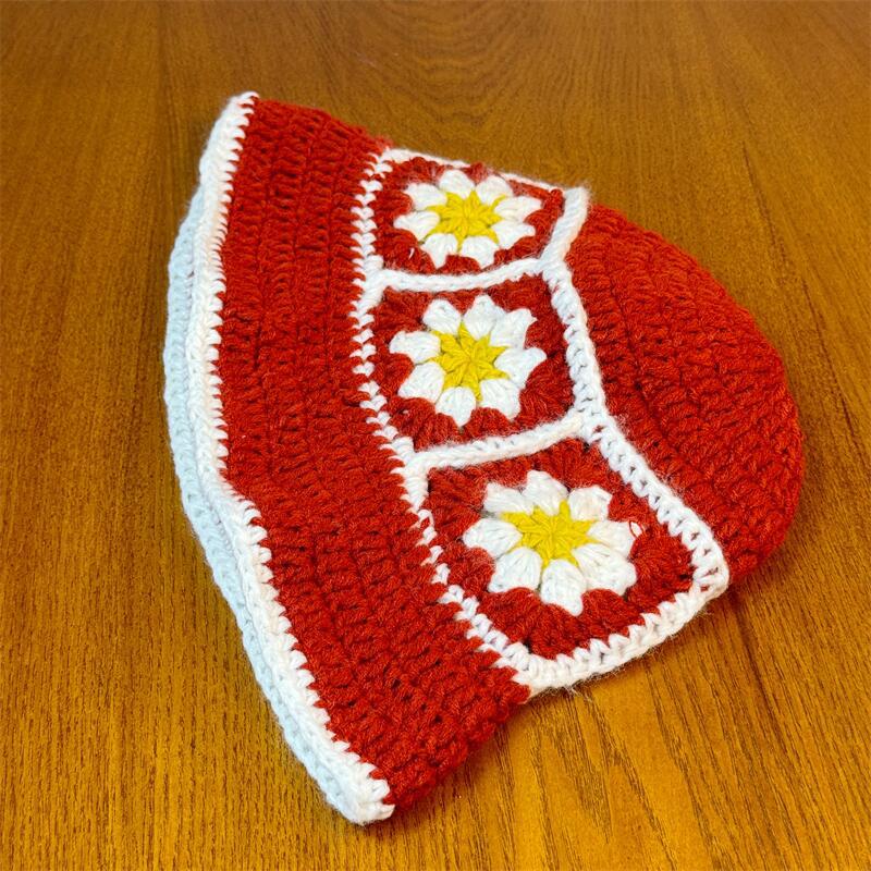 Haken Blume Kontrastfarbe Fischerhut Damen Herbst und Winter Warme Wollmütze Retro Lochstrickmütze Kinder