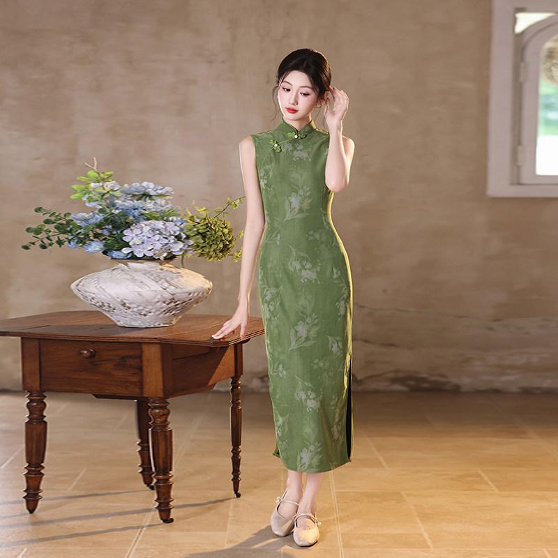 Green sleeveless national style new Chinese daily Suzhou long cheongsam improved young 1011 new women's high sense