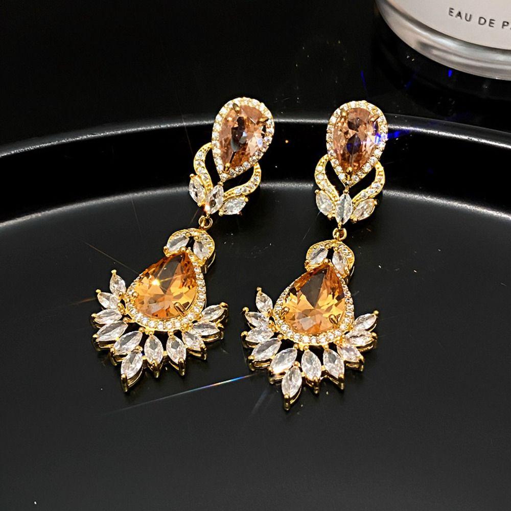 Silver Needle Zircon Flower Drop Earrings Crystal Pendant Stud Earrings  Wedding