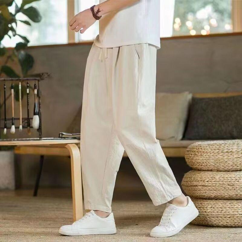 Men's Casual Linen Blend Harem Pants Drawstring Waist Loose Cropped Trousers Breathable Summer Pants