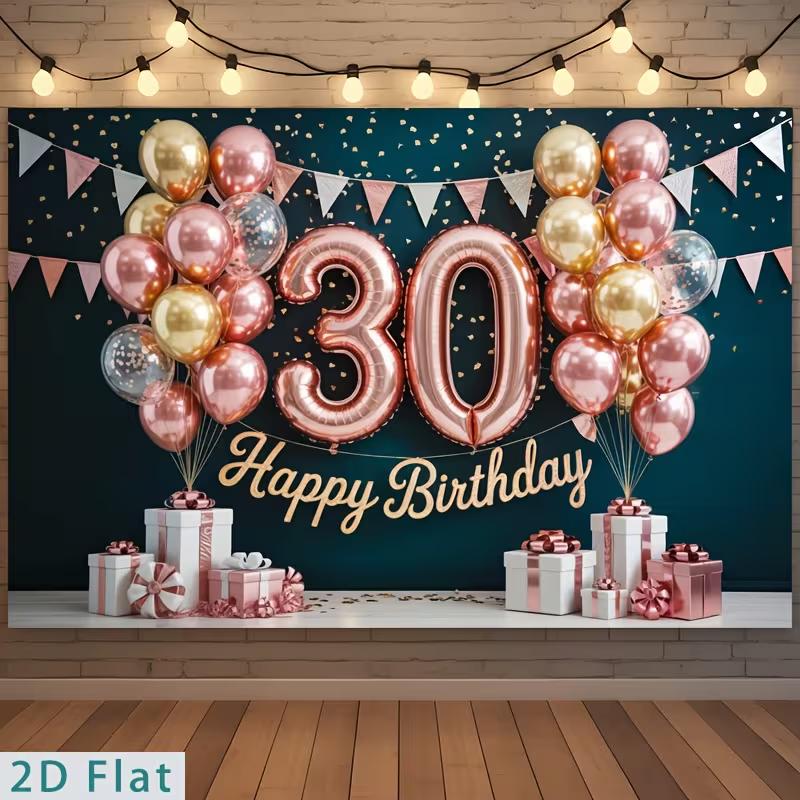 

2D 30th Birthday Photography Backdrop Teal Background with Rose Gold Balloons and Gifts 47.2x31.5inch/120*80cm