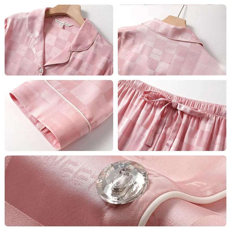 Ice Silk Pyjamas Women Plaid Long-Sleeved Trousers Suit Homewear Senior Sense of Large Size Suit Loose Summer