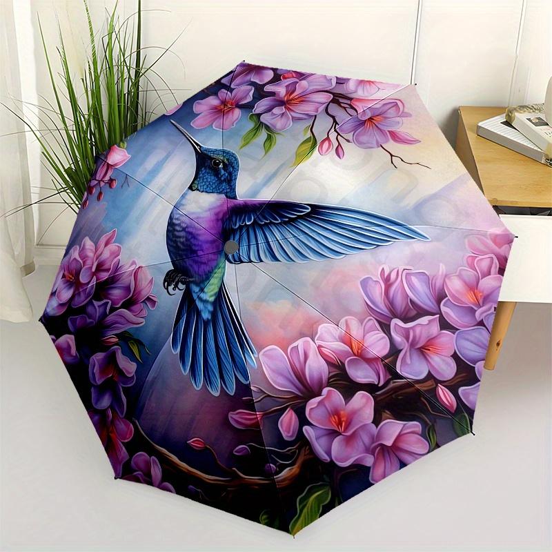 

Hummingbird, Floral Automatic Folding Umbrella 8 Ribs, Durable Iron Frame, Bright Color Pattern Compact Travel Umbrella, Suitable for Outdo