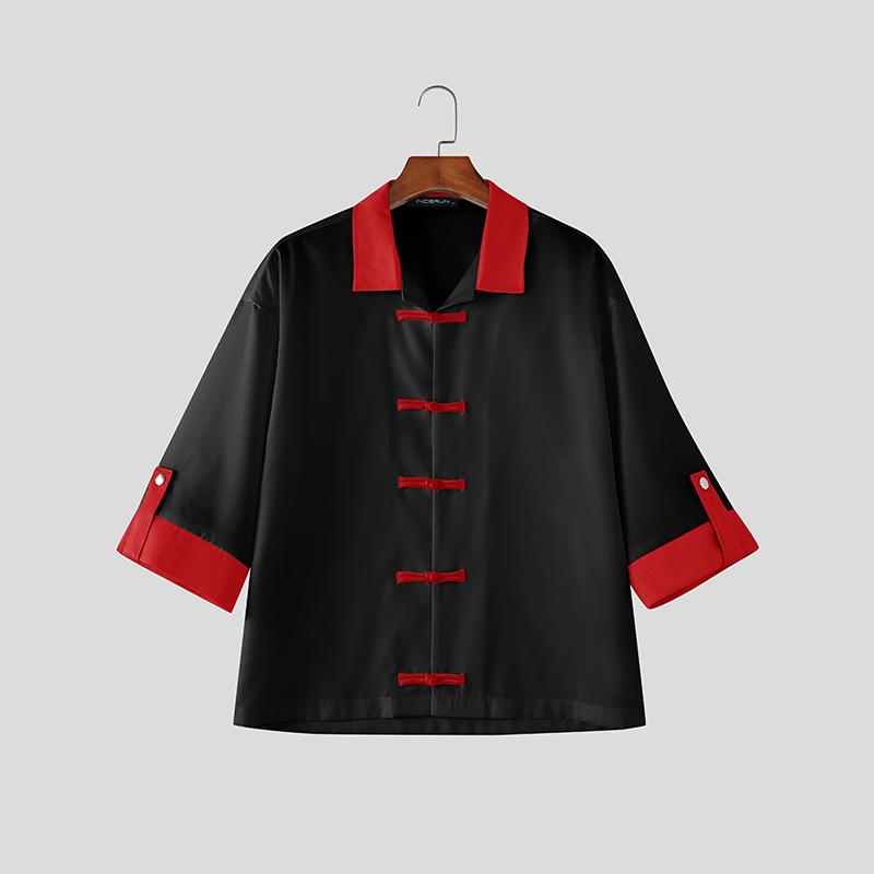 INCERUN Camicie Casual Estive da Uomo con Collo a Rever, Manica Corta, Cuciture, Bottoni, Top