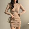 Koreaanse Slim-Fit Lange Mouwen Bodycon Jurk voor Dames - Herfst/Winter Taille-Cinchend Korte Rok