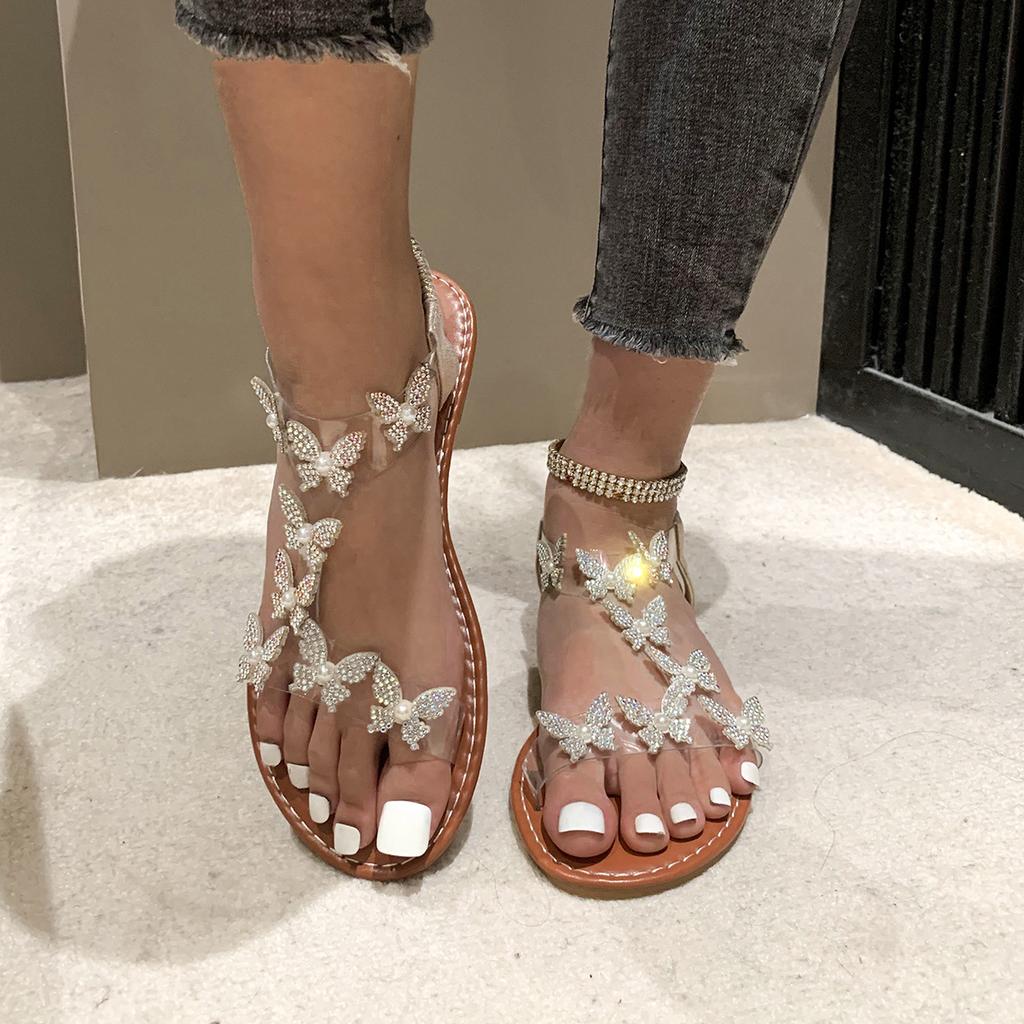 European and American Large Size Summer Rhinestones New Butterfly Flower Fashionable Flat Bottom Transparent One Word with Sandals Tide 41 a 43