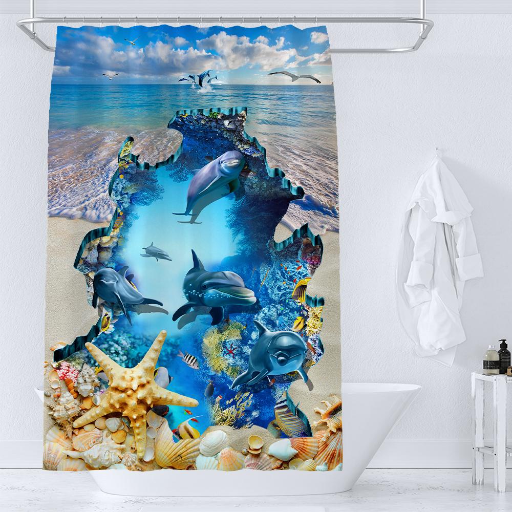 36X72 Inch Dolphin Shower Curtains Underwater World Marine Life Fabric Bath Curtain Kids Ocean Theme Bathroom Decor With Hooks