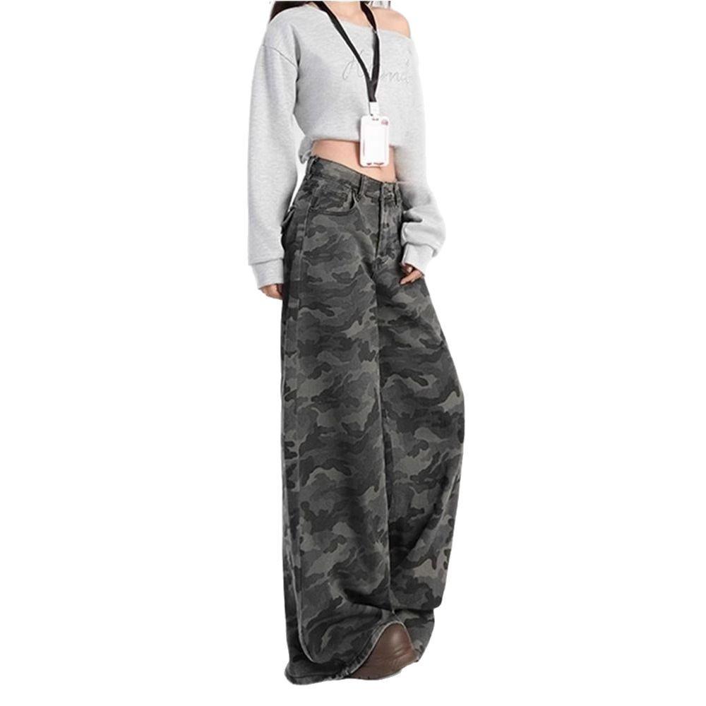 Retro Camouflage High-Waist Wide-Leg Jeans for Women - Slimming Floor-Length Workwear Pants for Autumn/Spring.