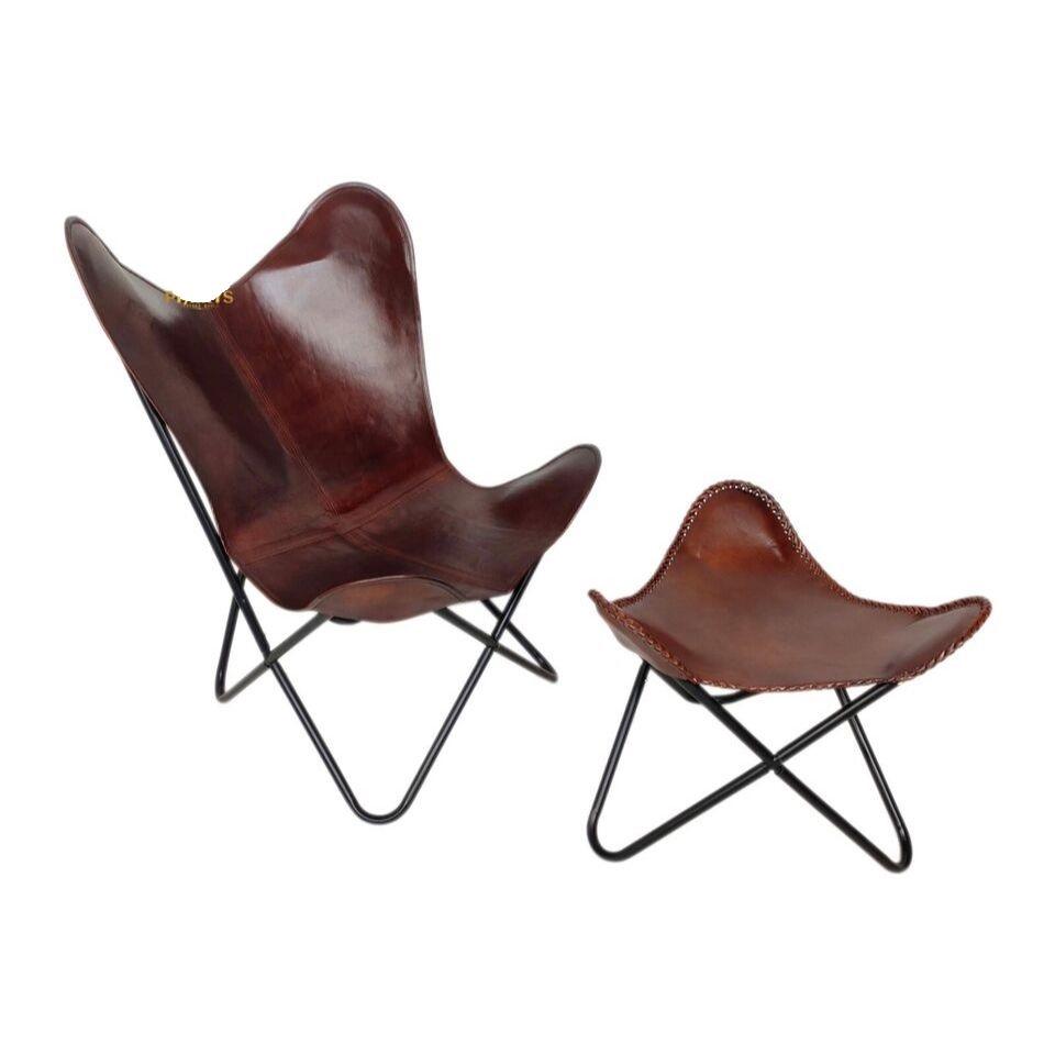 2 Handmade Relaxing Chair-Iron Stand Leather Butterfly Chair With Ottoman