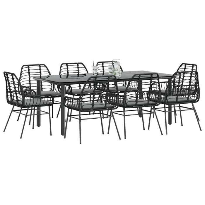 VidaXL Ensemble à manger de jardin coussins 9pcs noir poly rotin verre, ensemble à manger d'extérieur, meuble à manger de 3334554