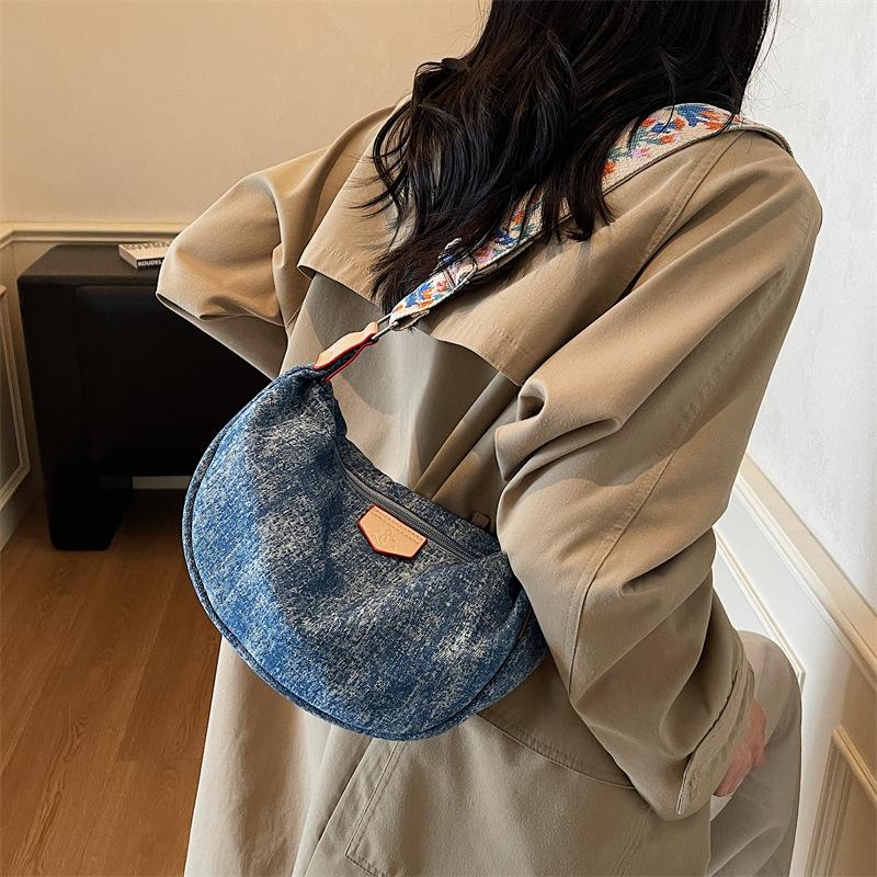 Denim Moon Bag with Colorful Strap Women's Crossbody Bag Fashionable Shoulder Bag Casual Daily Use Design