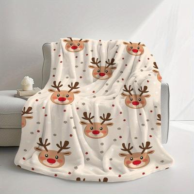 Cozy Christmas Reindeer Printed Fleece Blanket Soft Warm Lightweight Perfect For Naps Camping Travel And Office Decoration