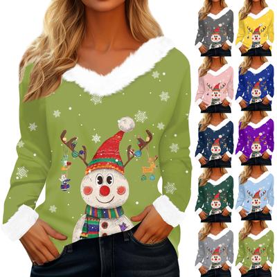 Women's T Shirt Tee Christmas Shirt Long Sleeve Party Christmas Print Fleece Collar V Neck Top