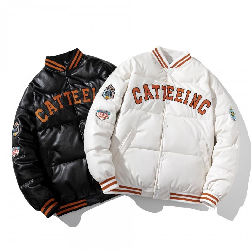 Winter PU Cotton Padded Jacket Loose Embroidered Patch Baseball Collar Coat Couples Teens