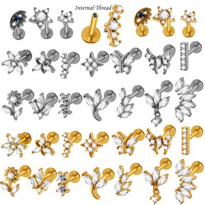 1PC Implant Surgical Steel Paved Flat Back Flower 3/4/5/6 Marquise CZ Labret Piercing Internal Thread Tragus Helix Lobe Earring