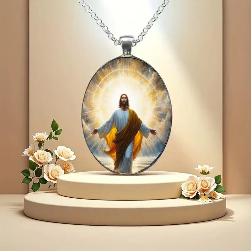 A Christian Jesus Pendant of Divine Love and Faith Time Gemstone Necklace Guardian Necklace Glass Pendant Suitable for Daily Wear Unisex