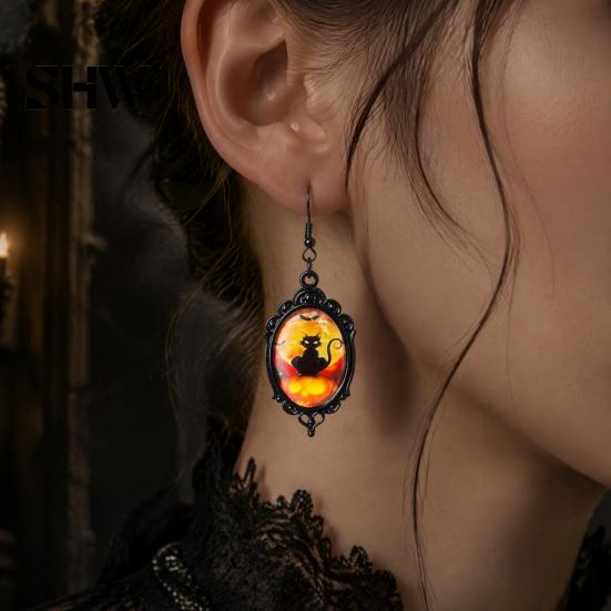 Versatile Dark Style Daily Wear Accessories 1 Pair Halloween Gothic Black Cat Earrings for Women, Vintage Jewelry with Skull Bat Patterns Punk Dangle