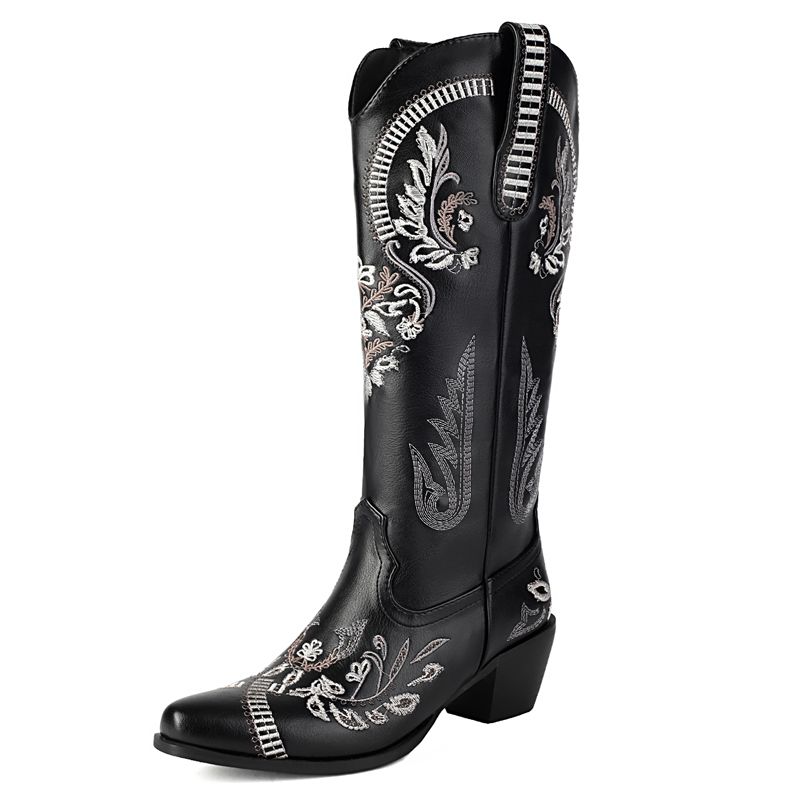 Fashion 2025 New Women Western Boots Square Toe Block Heels 5.5cm Slip on Embroidery Plus Size 43 Casual Knee High Bota
