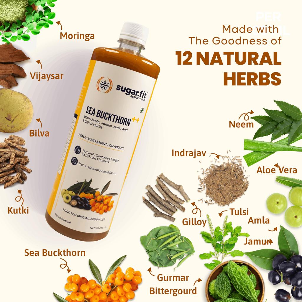 Sugar.fit | Active Foods Sok z Rokitnika z 13 Ziołami 1 L | 100% Czysta Puree z Rokitnika z Neem, Gorzkim Melonem, Jamun i innymi ziołami | Bogaty w