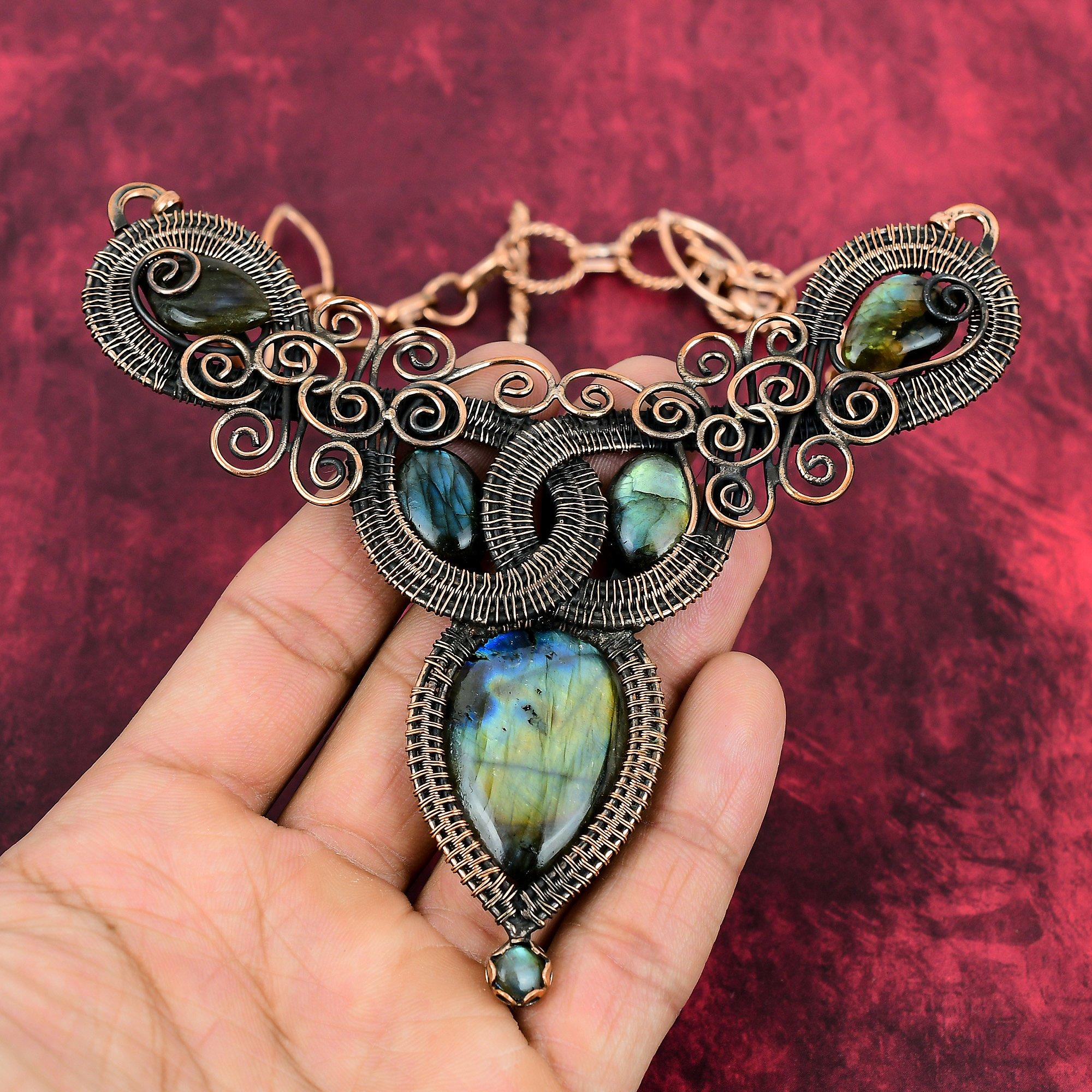 Labradorite Necklace Copper Wire Wrapped Necklace Adjustable Chain Necklace Copper Jewelry Handmade Real Gemstone Necklace Wire Wrap Jewelry Adjustable