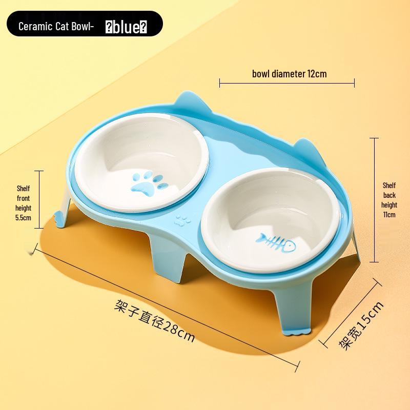 Ceramic Cat Food & Water Bowl with Slanted Design - Protects Cervical Spine, Anti-Tipping, Double Bowl for Feeding & Drinking