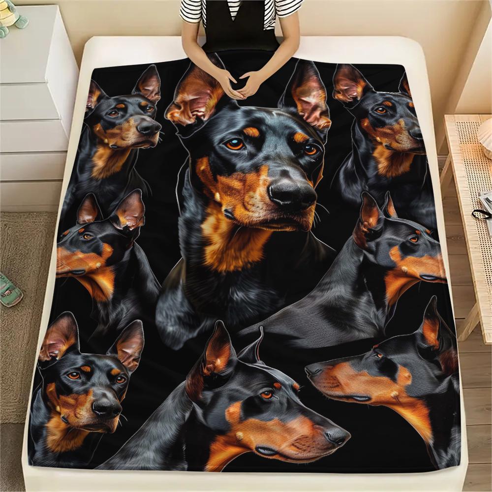 1Pc Bulldog Doberman Print Flannel Blanket, High Quality Comfortable for All Seasons, Home Decor, Warmth and Comfort, Perfect for Christmas Gifts