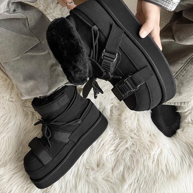 Winter Short Snow Boots Woman Cross Lace Up Round Toe Wool Warm Flat Platform Shoes Women Cow Suede Ankle Boots For Women